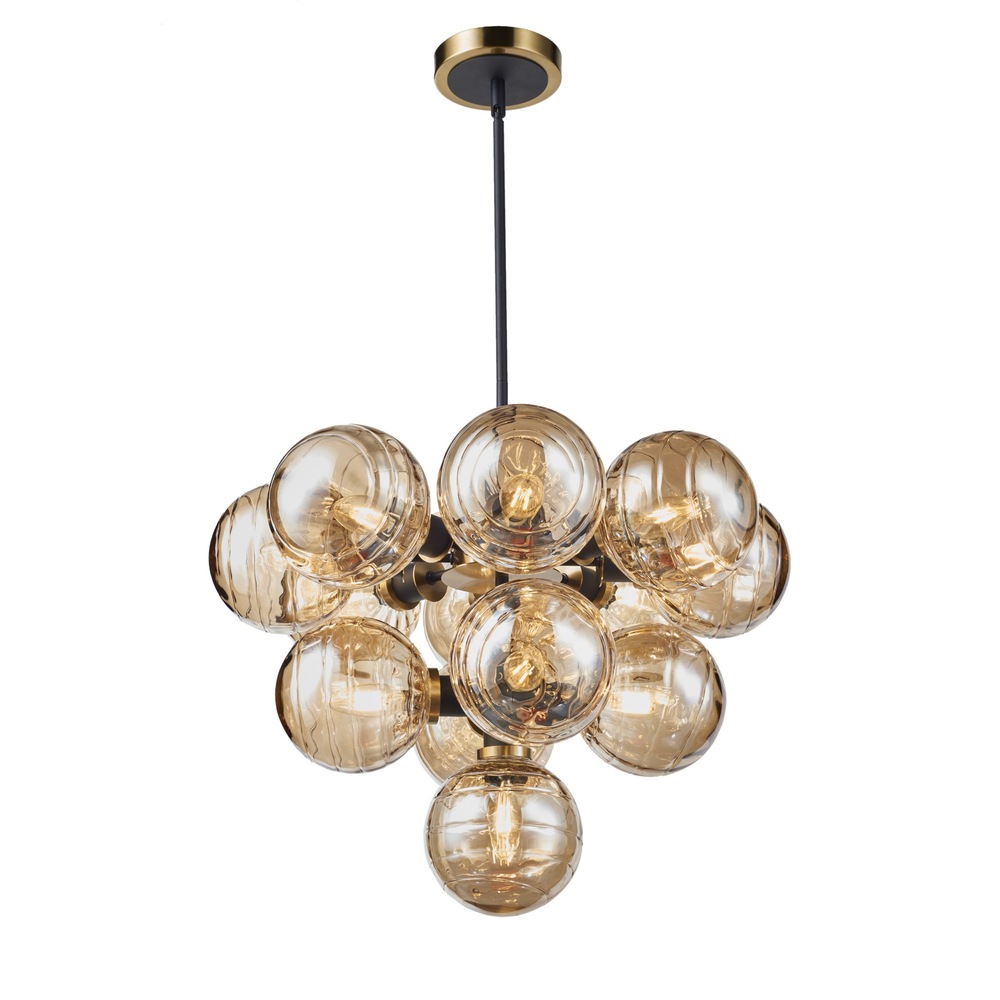Gem Collection 13-Light Chandelier with Amber Glass Black and Brushed Brass