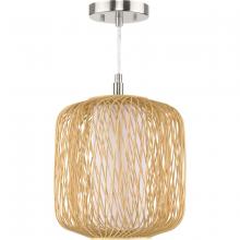Progress P500395-201 - Cordova Collection One-Light Natural Rattan Organic Modern Mini-Pendant with White Linen Shade