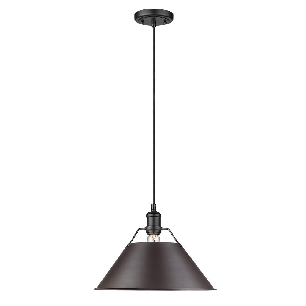 Orwell BLK 1 Light Pendant - 14" in Matte Black with Rubbed Bronze Shade