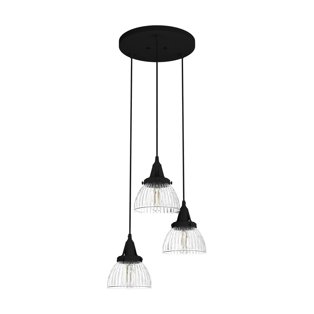 Hunter Cypress Grove Natural Black Iron with Clear Holophane Glass 3 Light Pendant Cluster Ceiling L